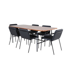 ebuy24 UnoWA eethoek eetkamertafel Okkernoot decor en 6 Tvist eetkamerstal PU kunstleer zwart.