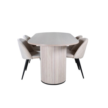 ebuy24 BiancaWW eethoek eetkamertafel eik fineer wit washed en 4 Velvet Stitches eetkamerstal velours beige.