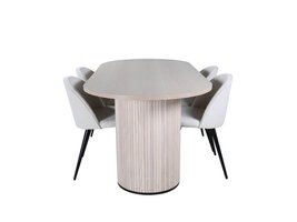 ebuy24 BiancaWW eethoek eetkamertafel eik fineer wit washed en 4 Velvet eetkamerstal fluweel beige, zwart.