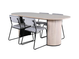 ebuy24 BiancaWW eethoek eetkamertafel eik fineer wit washed en 4 Kenth eetkamerstal velours grijs.