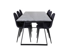 ebuy24 EstelleBLBL eethoek eetkamertafel zwart, marmer en 6 Polar eetkamerstal zwart.