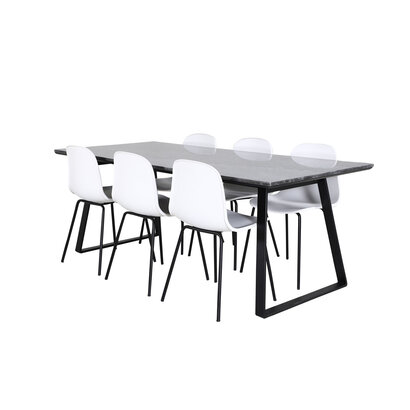 ebuy24 EstelleBLBL eethoek eetkamertafel zwart, marmer en 6 Arctic eetkamerstal wit, zwart.