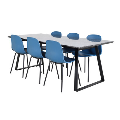 ebuy24 EstelleBLBL eethoek eetkamertafel zwart, marmer en 6 Arctic eetkamerstal blauw, zwart.