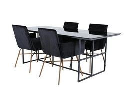 ebuy24 Leif eethoek eetkamertafel rokerig glas en 4 Pippi eetkamerstal velours zwart.