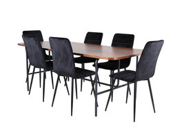 ebuy24 UnoWA eethoek eetkamertafel Okkernoot decor en 6 Windu Lyx eetkamerstal velours zwart.