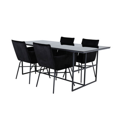 ebuy24 Leif eethoek eetkamertafel rokerig glas en 4 Pippi eetkamerstal velours zwart.