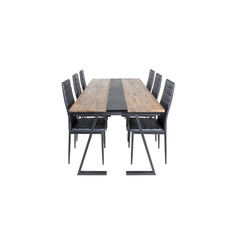 ebuy24 Jakarta eethoek eetkamertafel teakhout en 6 Slim High Back eetkamerstal PU kunstleer zwart.