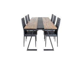 ebuy24 Jakarta eethoek eetkamertafel teakhout en 6 Slim High Back eetkamerstal PU kunstleer zwart.