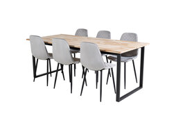 ebuy24 CirebonBL eethoek eetkamertafel teakhout en 6 Polar Diamond eetkamerstal velours grijs.