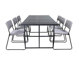 ebuy24 Leif eethoek eetkamertafel rokerig glas en 6 Kenth eetkamerstal velours grijs.