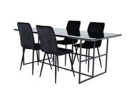 ebuy24 Leif eethoek eetkamertafel rokerig glas en 4 Windu Lyx eetkamerstal velours zwart.