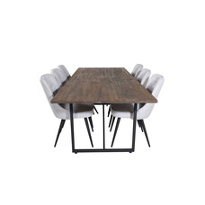 ebuy24 Padang eethoek eetkamertafel teakhout en 6 Velvet Deluxe eetkamerstal lichtgrijs, zwart.