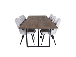 ebuy24 Padang eethoek eetkamertafel teakhout en 6 Velvet Deluxe eetkamerstal lichtgrijs, zwart.