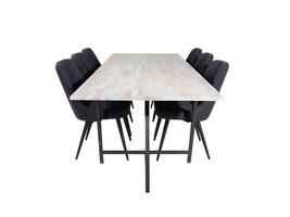 ebuy24 Jepara eethoek eetkamertafel teakhout en 6 Velvet Deluxe eetkamerstal zwart.