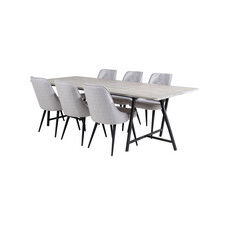 ebuy24 Jepara eethoek eetkamertafel teakhout en 6 Velvet Deluxe eetkamerstal lichtgrijs, zwart.