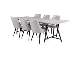 ebuy24 Jepara eethoek eetkamertafel teakhout en 6 Velvet Deluxe eetkamerstal lichtgrijs, zwart.