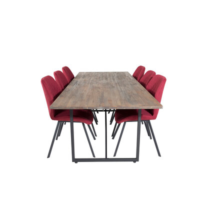 ebuy24 Padang eethoek eetkamertafel teakhout en 6 Gemma eetkamerstal rood.