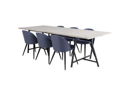 ebuy24 Jepara eethoek eetkamertafel teakhout en 6 Velvet eetkamerstal blauw.