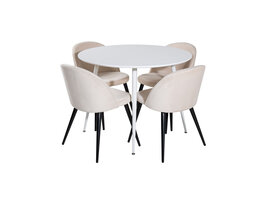 ebuy24 PlazaWHWH100 eethoek eetkamertafel wit en 4 Velvet eetkamerstal velours beige, zwart.