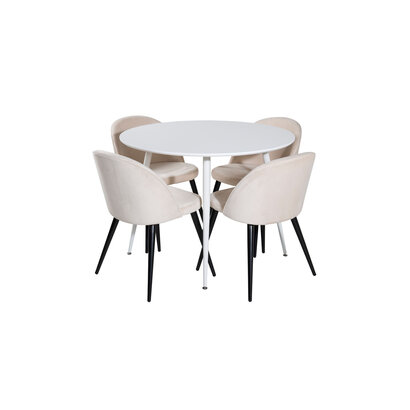 ebuy24 PlazaWHWH100 eethoek eetkamertafel wit en 4 Velvet eetkamerstal velours beige, zwart.