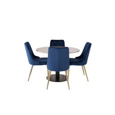 ebuy24 RazziaGR eethoek eetkamertafel terazzo grijs en 4 Velvet Deluxe eetkamerstal velours blauw, messing decor.