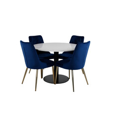 ebuy24 RazziaWH eethoek eetkamertafel terazzo wit en 4 Velvet Deluxe eetkamerstal velours blauw, messing decor.