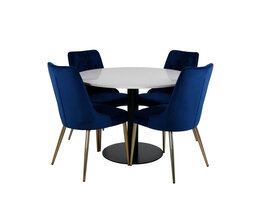 ebuy24 RazziaWH eethoek eetkamertafel terazzo wit en 4 Velvet Deluxe eetkamerstal velours blauw, messing decor.