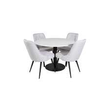 ebuy24 RazziaWH eethoek eetkamertafel terazzo wit en 4 Velvet Deluxe eetkamerstal lichtgrijs, zwart.