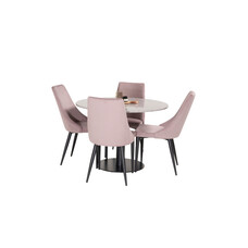 ebuy24 RazziaGR eethoek eetkamertafel terazzo grijs en 4 Leone eetkamerstal fluweel roze, zwart.