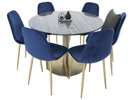 ebuy24 EstelleÃ˜106BLBR eethoek eetkamertafel zwart, marmer en 6 Polar eetkamerstal velours blauw, messing decor.