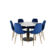 ebuy24 EstelleÃ˜106WHBL eethoek eetkamertafel wit, marmer en 6 Polar eetkamerstal velours blauw, messing decor.