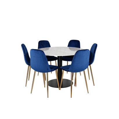 ebuy24 EstelleÃ˜106WHBL eethoek eetkamertafel wit, marmer en 6 Polar eetkamerstal velours blauw, messing decor.