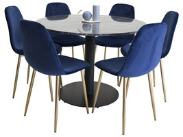 ebuy24 EstelleÃ˜106BLBL eethoek eetkamertafel zwart, marmer en 6 Polar eetkamerstal velours blauw, messing decor.