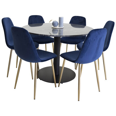 ebuy24 EstelleÃ˜106BLBL eethoek eetkamertafel zwart, marmer en 6 Polar eetkamerstal velours blauw, messing decor.