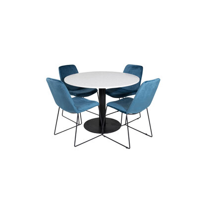 ebuy24 RazziaWH eethoek eetkamertafel terazzo wit en 4 Muce eetkamerstal velours blauw.