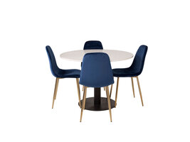 ebuy24 RazziaWH eethoek eetkamertafel terazzo wit en 4 Polar eetkamerstal velours blauw, messing decor.