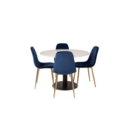 ebuy24 RazziaWH eethoek eetkamertafel terazzo wit en 4 Polar eetkamerstal velours blauw, messing decor.