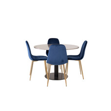 ebuy24 RazziaGR eethoek eetkamertafel terazzo grijs en 4 Polar eetkamerstal velours blauw, messing decor.