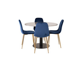 ebuy24 RazziaGR eethoek eetkamertafel terazzo grijs en 4 Polar eetkamerstal velours blauw, messing decor.