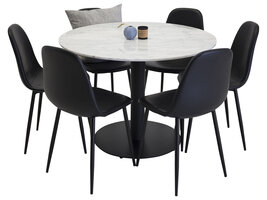 ebuy24 EstelleÃ˜106WHBL eethoek eetkamertafel wit, marmer en 6 Polar eetkamerstal zwart PU kunstleer.