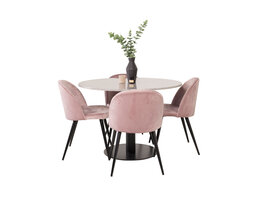 ebuy24 RazziaGR eethoek eetkamertafel terazzo grijs en 4 Velvet eetkamerstal velours roze, zwart.