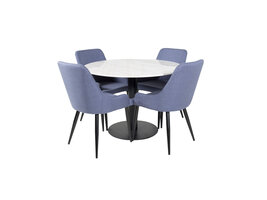 ebuy24 EstelleØ106WHBL eethoek eetkamertafel wit, marmer en 4 Plaza eetkamerstal blauw, zwart.