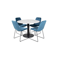 ebuy24 EstelleÃ˜106WHBL eethoek eetkamertafel wit, marmer en 4 Muce eetkamerstal velours blauw.