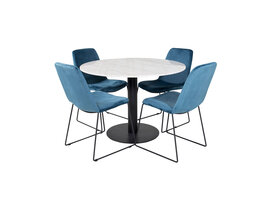 ebuy24 EstelleØ106WHBL eethoek eetkamertafel wit, marmer en 4 Muce eetkamerstal velours blauw.