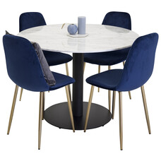 ebuy24 EstelleÃ˜106WHBL eethoek eetkamertafel wit, marmer en 4 Polar eetkamerstal velours blauw, messing decor.