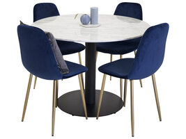 ebuy24 EstelleÃ˜106WHBL eethoek eetkamertafel wit, marmer en 4 Polar eetkamerstal velours blauw, messing decor.