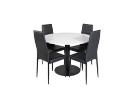 ebuy24 RazziaWH eethoek eetkamertafel terazzo wit en 4 Slim High Back eetkamerstal PU kunstleer zwart.