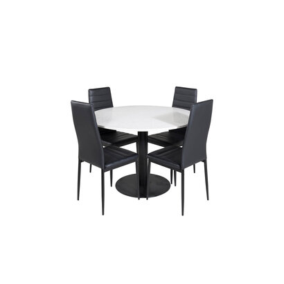 ebuy24 RazziaWH eethoek eetkamertafel terazzo wit en 4 Slim High Back eetkamerstal PU kunstleer zwart.