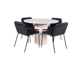 ebuy24 BiancaROWW eethoek eetkamertafel eik fineer wit washed en 4 Tvist eetkamerstal PU kunstleer zwart.