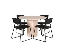 ebuy24 BiancaROWW eethoek eetkamertafel eik fineer wit washed en 4 Kenth eetkamerstal PU kunstleer zwart.